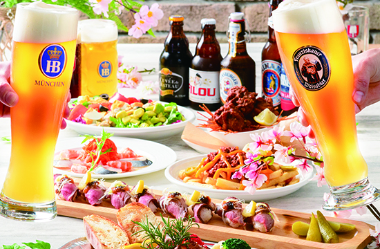 春のお花見で乾杯プラン!彩り豊かな世界の料理が全7品、樽生ビール3種含む50種超2時間飲み放題付!!