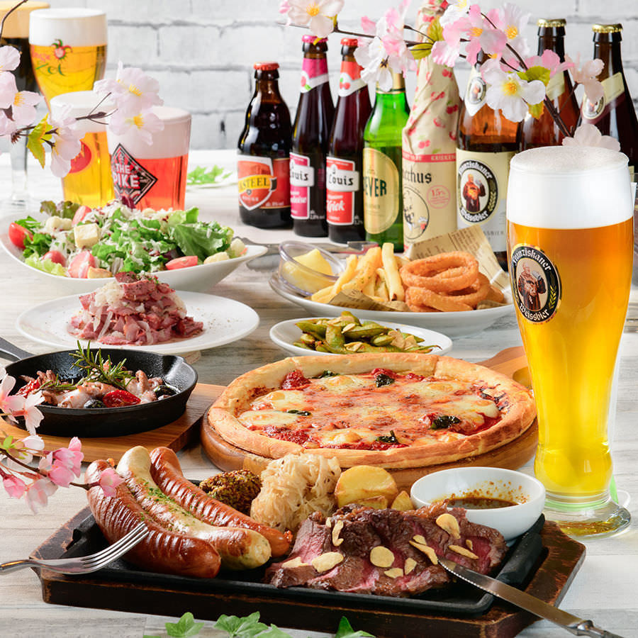 月~木のお得プラン◆樽生10種含む60種超3時間飲み放題&当店自慢のドイツ直送ジャーマンソーセージ&サーロインステーキ含む9品の堪能コース