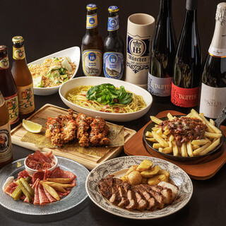 【2時間飲み放題×スタンダード】世界の樽生ビール３種＆世界のワイン５種を含む2時間飲み放題付きコース♪人気のフライドチキン、ローストポークなど、ビールに合う定番料理をバランスよく楽しめるコースです。