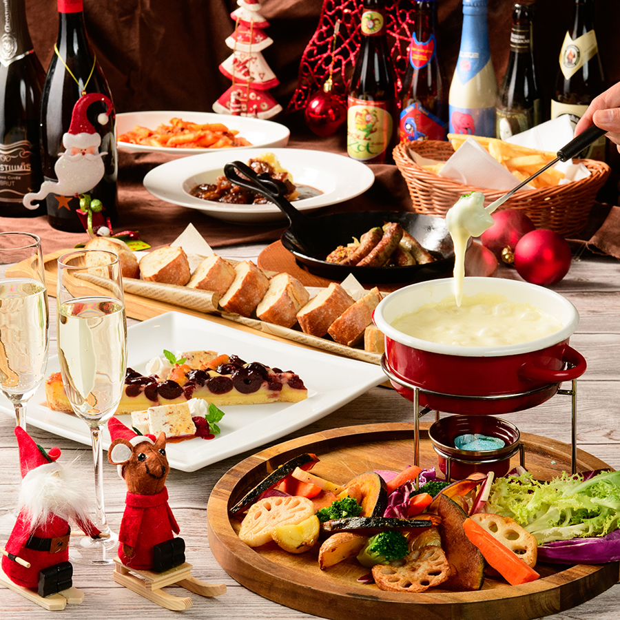 <12/21~12/25>「クリスマス限定コース」乾杯スパークリングorスペシャルビール付!とろ~り熱々のチーズフォンデュ、ほろほろ牛バラ肉のビール煮込み+樽生ビール3種飲み放題付5500円(税抜)