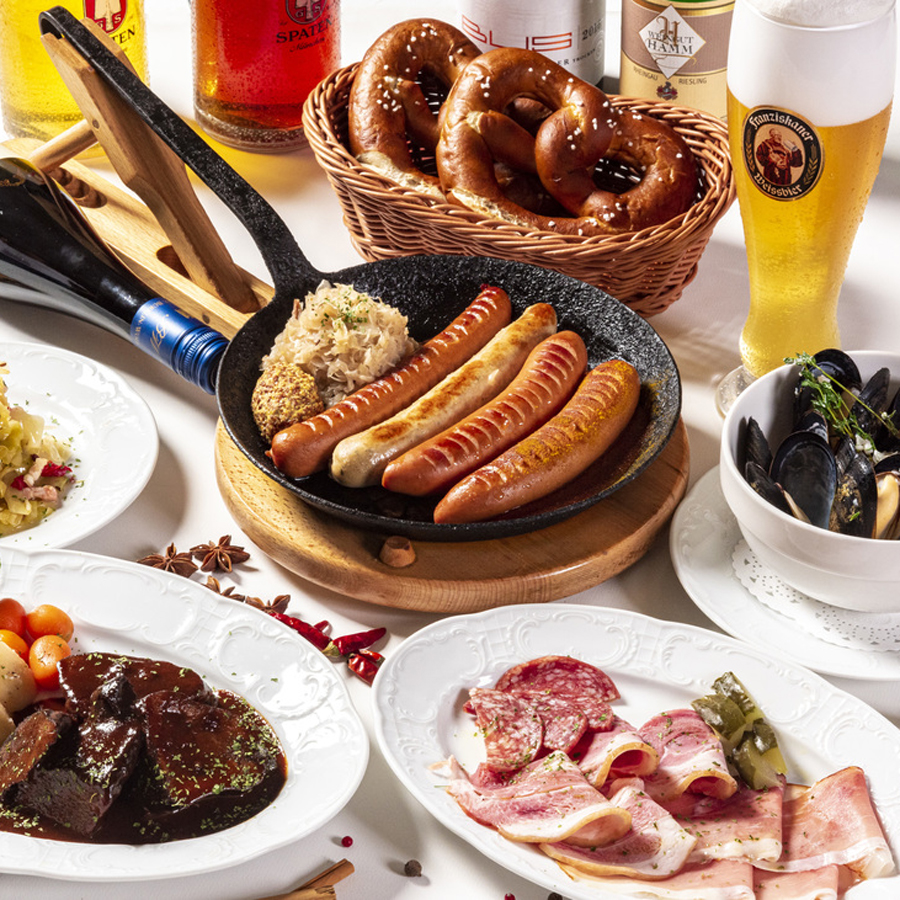 【新年会に!1/2~予約限定】グリルソーセージ盛り合わせ含む全6品ドイツの定番料理と飲み放題を楽しみたい方向け「樽生ビール全6種飲み放題付!ハンブルグコース お土産ボトルビール付」コミコミ6000円