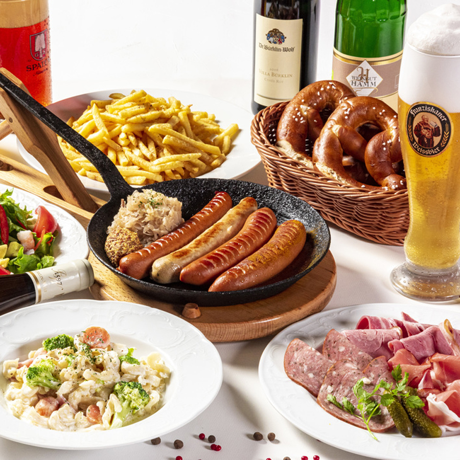 【忘年会スタンダードコース】≪全30種以上2H飲み放題≫ドイツ直輸入の樽生ビールやワイン、カクテル類など30種以上の飲み放題&ソーセージ盛り合わせ含む全8品6皿のミュンヘンコース♪