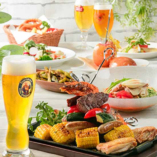 夏だ!世界の樽生ビール3種含む50種超2時間飲み放題付!!BBQスキュアー付き彩り豊かな世界の料理が全7品!3,980円(税抜)
