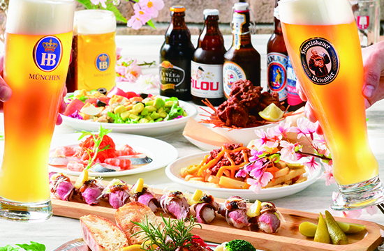 春のお花見で乾杯プラン!彩り豊かな世界の料理が全7品、樽生ビール3種含む50種超2時間飲み放題付!!飲み放題