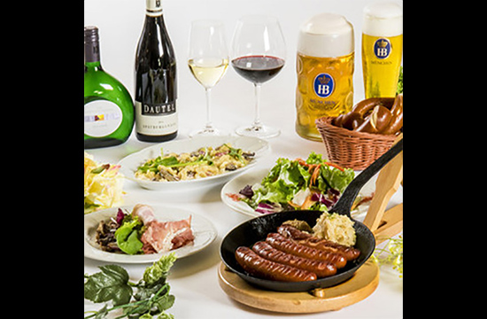 【フランクフルトコース】特大フランクフルトやドイツピッツァを含む全6品のお食事と、直入樽生含む50種超2時間飲み放題!!<当日予約OK>