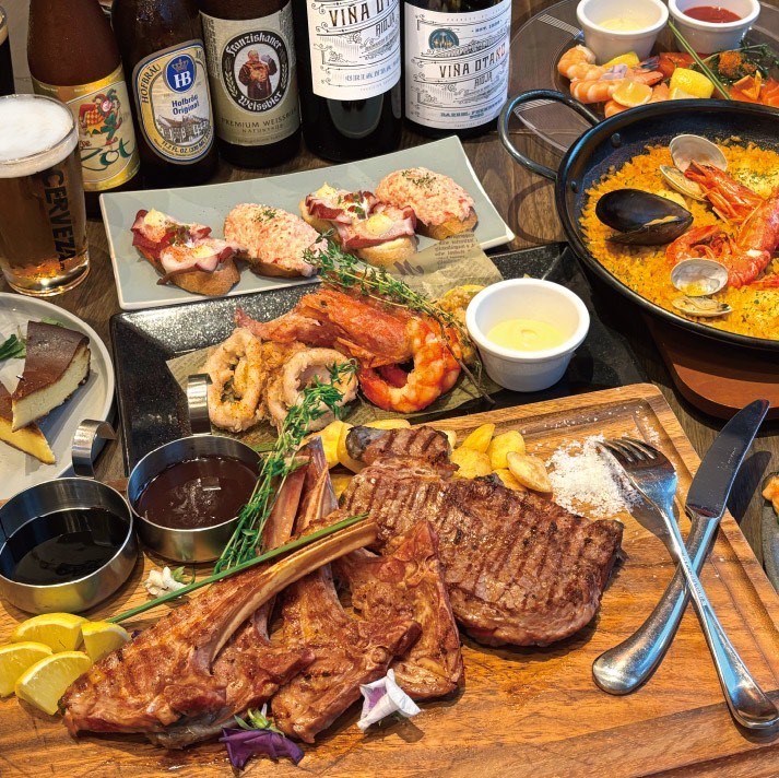 【国産サーロイン&スペイン産ラムチョップ！！魚介も盛り込んだ贅沢コース（Free Flow 120min ）】お肉も魚介も堪能できる豪華絢爛コース！Craftbeer10種含む2時間飲み放題付き♪（10,500円⇒8,500円）