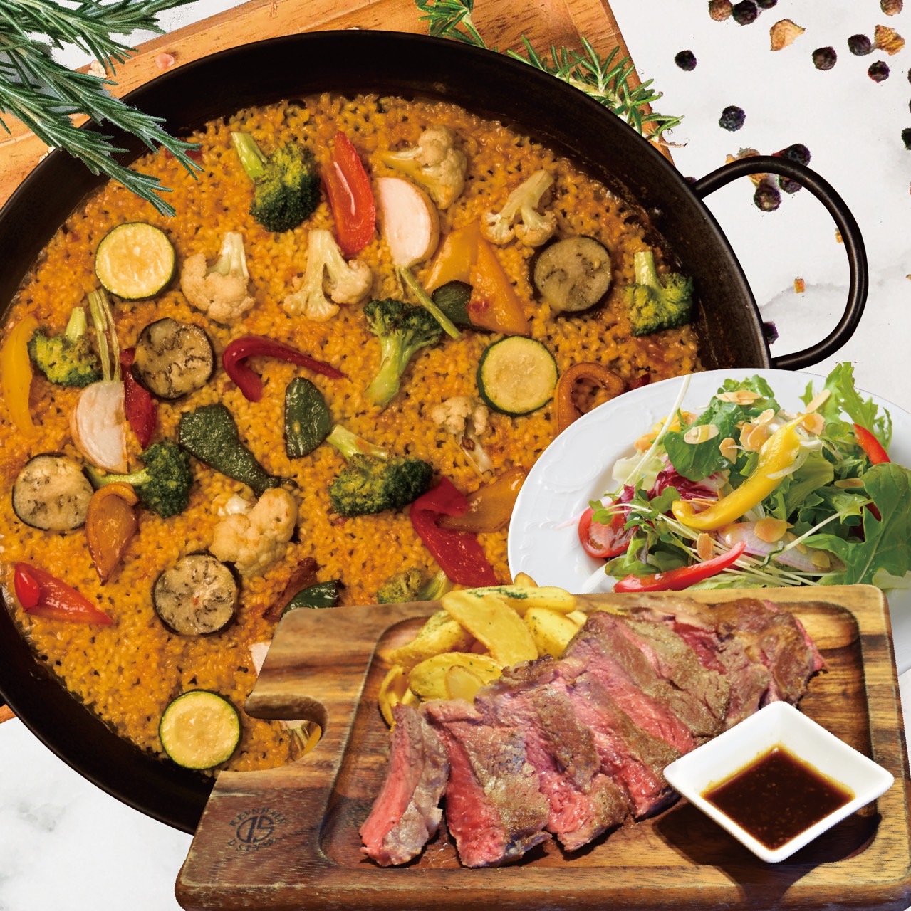 【平日限定ランチ】～ステーキセット～フィデウアを含む全8種類の中から選べるパエリア♪ メイン料理も付いた贅沢なセットです♪